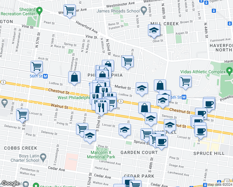 map of restaurants, bars, coffee shops, grocery stores, and more near 38 South 51st Street in Philadelphia