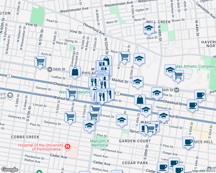 map of restaurants, bars, coffee shops, grocery stores, and more near 36 South 51st Street in Philadelphia