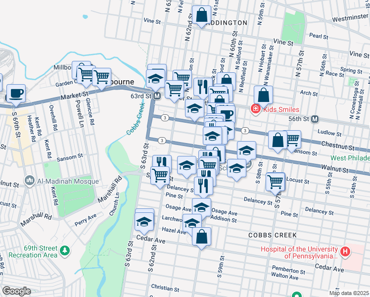 map of restaurants, bars, coffee shops, grocery stores, and more near 6132 Chancellor Street in Philadelphia