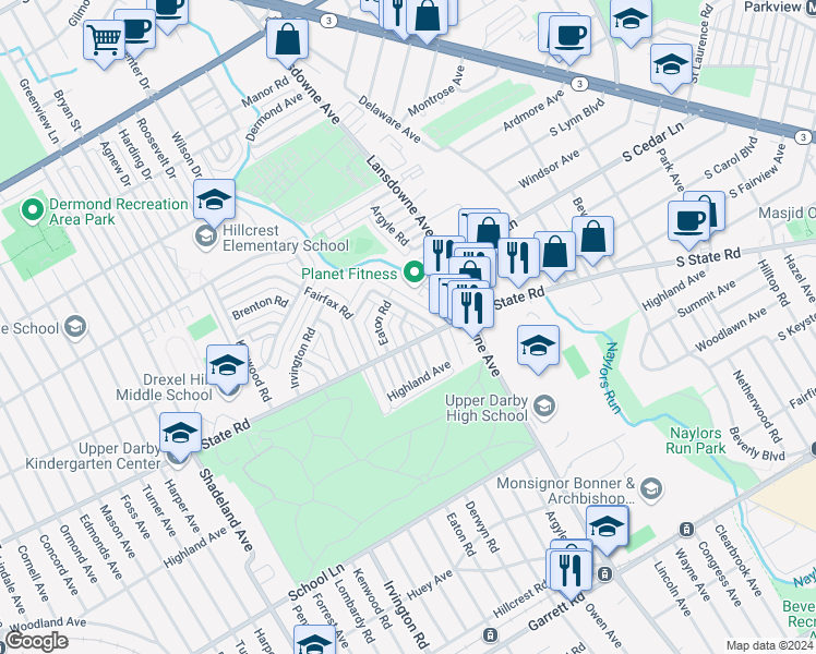 map of restaurants, bars, coffee shops, grocery stores, and more near 741 Derwyn Road in Drexel Hill