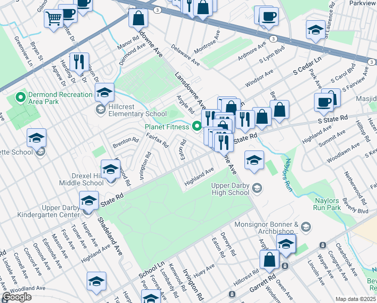 map of restaurants, bars, coffee shops, grocery stores, and more near 807 Eaton Road in Drexel Hill