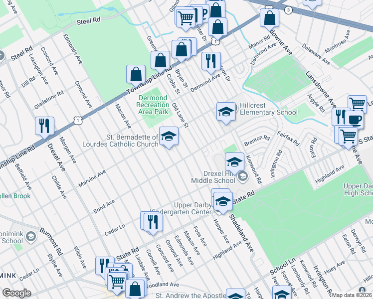 map of restaurants, bars, coffee shops, grocery stores, and more near 920 Shadeland Avenue in Drexel Hill