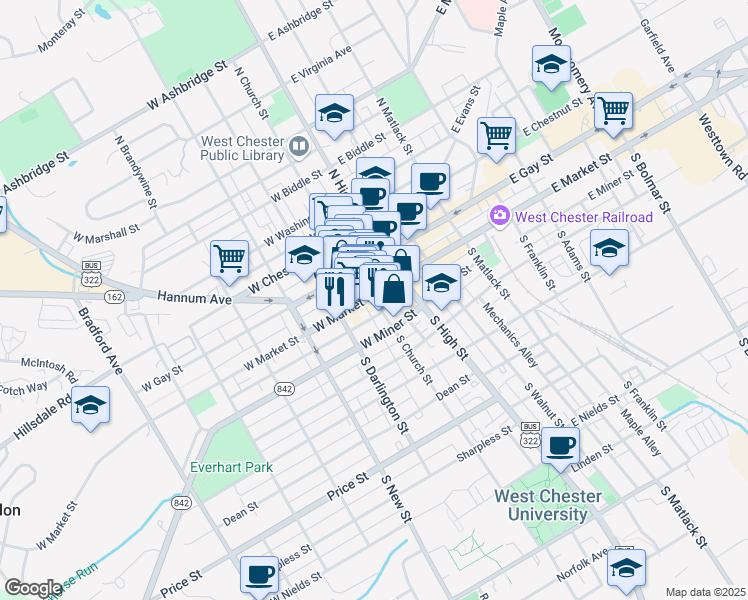 map of restaurants, bars, coffee shops, grocery stores, and more near 116 Market Street in West Chester