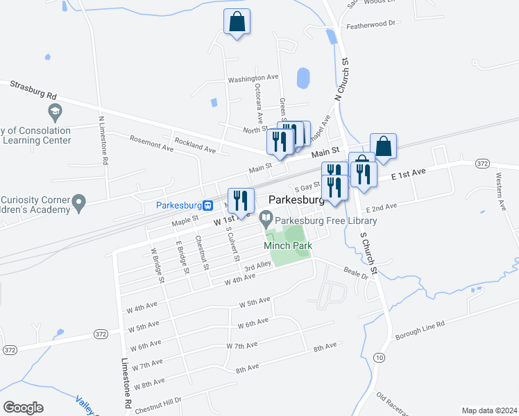map of restaurants, bars, coffee shops, grocery stores, and more near 351 West 1st Avenue in Parkesburg