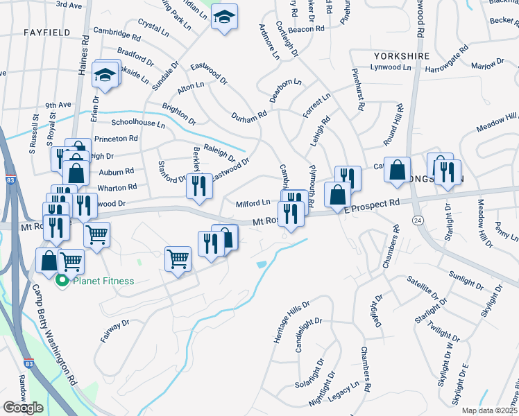 map of restaurants, bars, coffee shops, grocery stores, and more near 2705 Mount Rose Avenue in East York