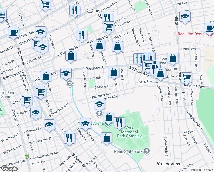 map of restaurants, bars, coffee shops, grocery stores, and more near 807 East Boundary Avenue in York