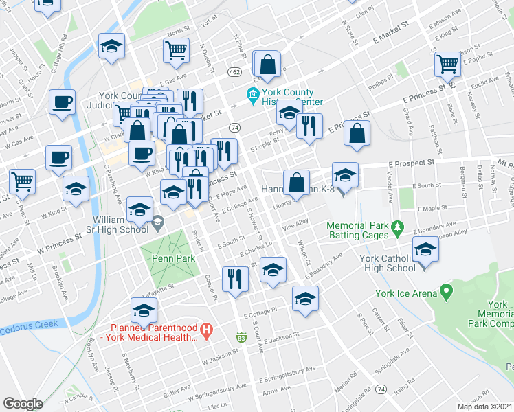 map of restaurants, bars, coffee shops, grocery stores, and more near 142 East Church Avenue in York