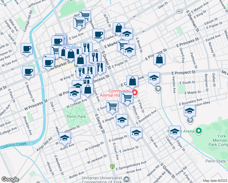 map of restaurants, bars, coffee shops, grocery stores, and more near 142 East Church Avenue in York