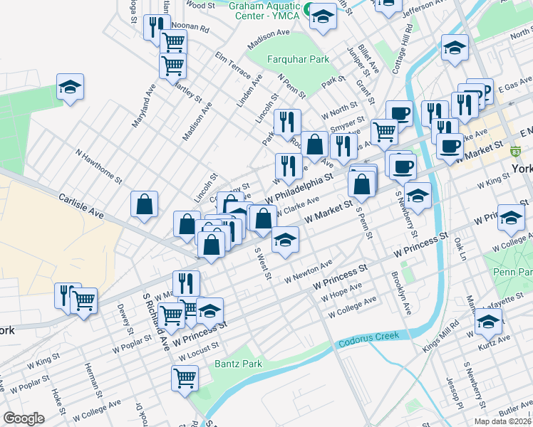 map of restaurants, bars, coffee shops, grocery stores, and more near 581 West Clarke Avenue in York