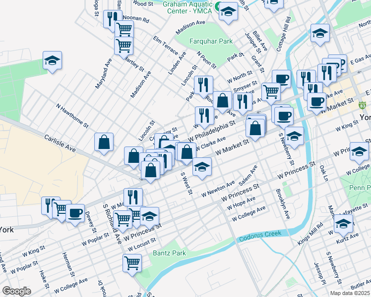 map of restaurants, bars, coffee shops, grocery stores, and more near 581 West Clarke Avenue in York
