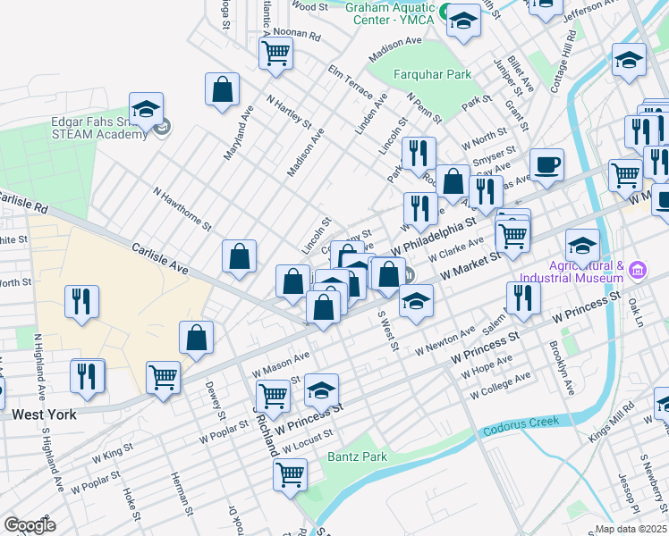 map of restaurants, bars, coffee shops, grocery stores, and more near 626 West Philadelphia Street in York