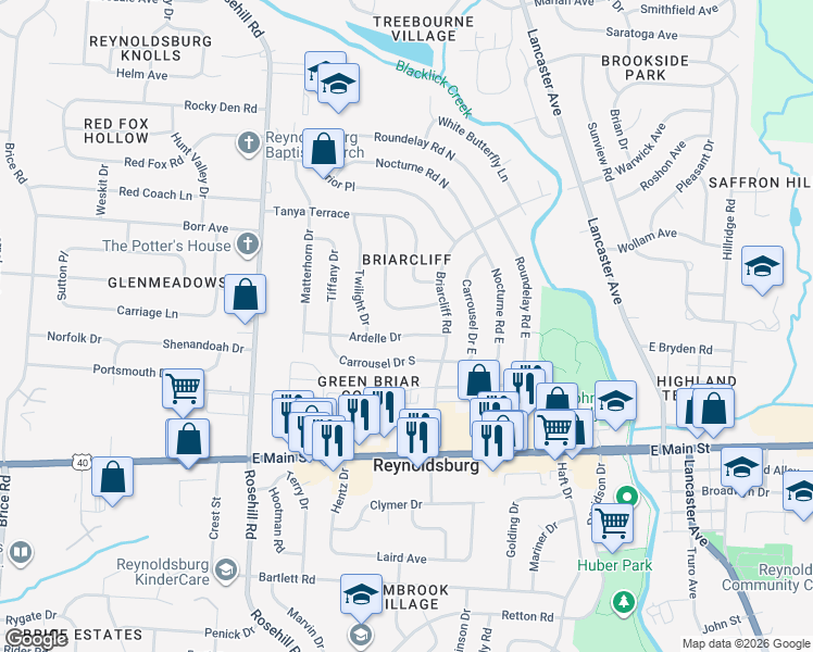 map of restaurants, bars, coffee shops, grocery stores, and more near 6917 Ardelle Drive in Reynoldsburg