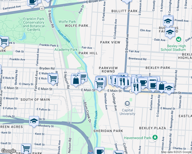 map of restaurants, bars, coffee shops, grocery stores, and more near 485 South Parkview Avenue in Columbus