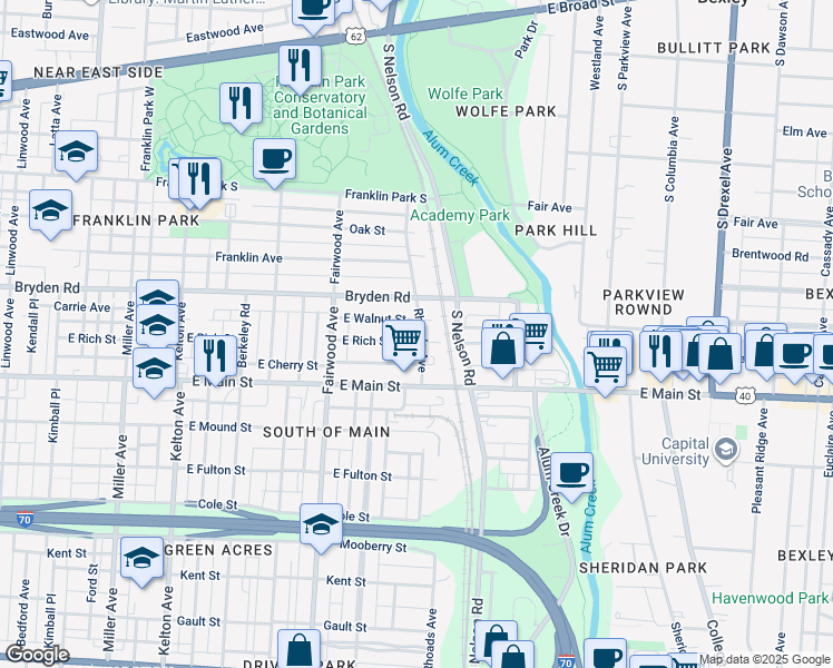map of restaurants, bars, coffee shops, grocery stores, and more near 1841 East Rich Street in Columbus