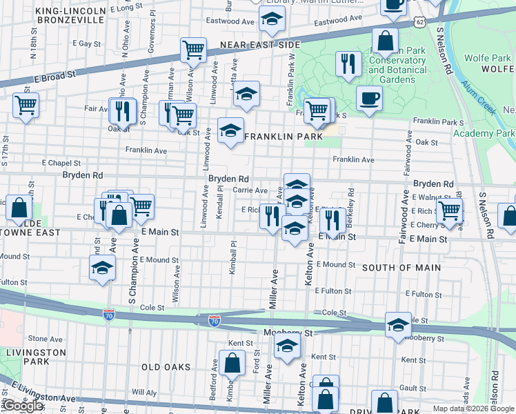 map of restaurants, bars, coffee shops, grocery stores, and more near 387 Loeffler Avenue in Columbus