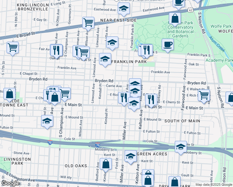 map of restaurants, bars, coffee shops, grocery stores, and more near 387 Loeffler Avenue in Columbus