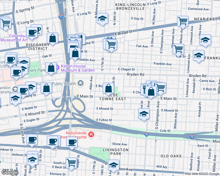 map of restaurants, bars, coffee shops, grocery stores, and more near 833 East Cherry Street in Columbus