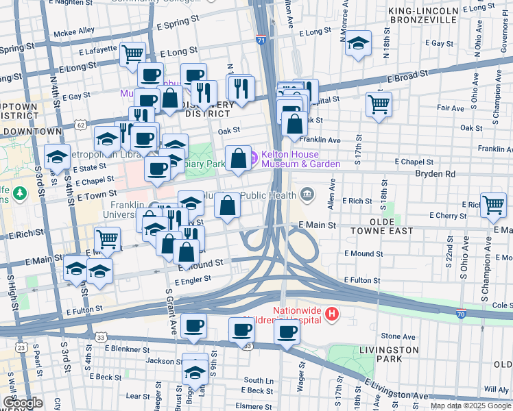 map of restaurants, bars, coffee shops, grocery stores, and more near 569 East Cherry Street in Columbus