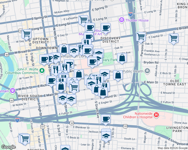 map of restaurants, bars, coffee shops, grocery stores, and more near 333 East Rich Street in Columbus