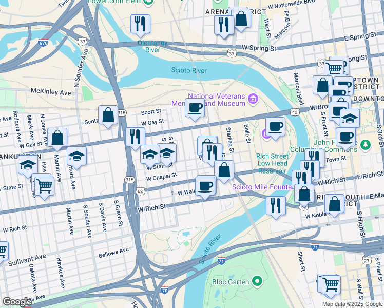 map of restaurants, bars, coffee shops, grocery stores, and more near 481 West State Street in Columbus