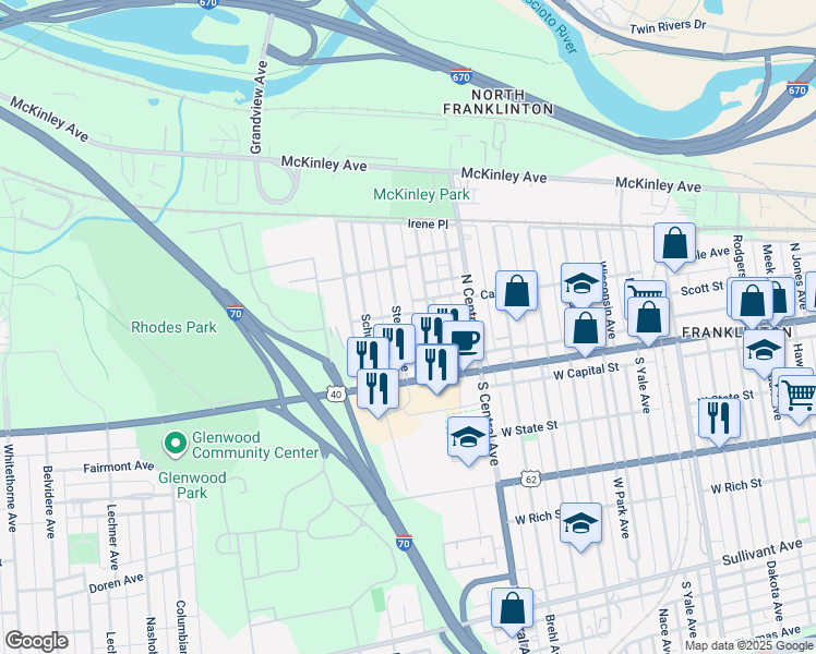 map of restaurants, bars, coffee shops, grocery stores, and more near 53 Stevens Avenue in Columbus