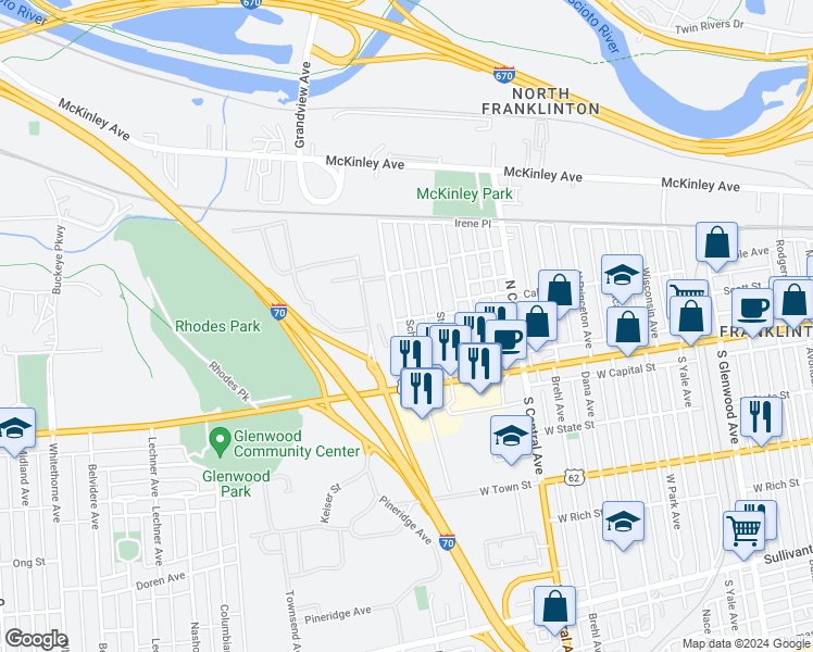 map of restaurants, bars, coffee shops, grocery stores, and more near 59 Schultz Avenue in Columbus