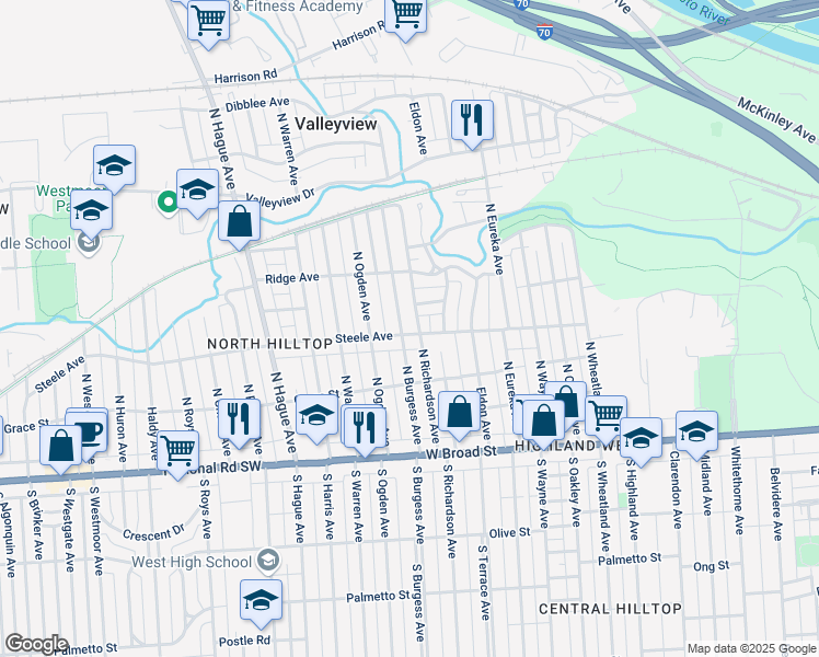 map of restaurants, bars, coffee shops, grocery stores, and more near 153 North Burgess Avenue in Columbus