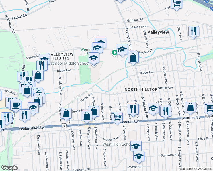 map of restaurants, bars, coffee shops, grocery stores, and more near 190 North Huron Avenue in Columbus