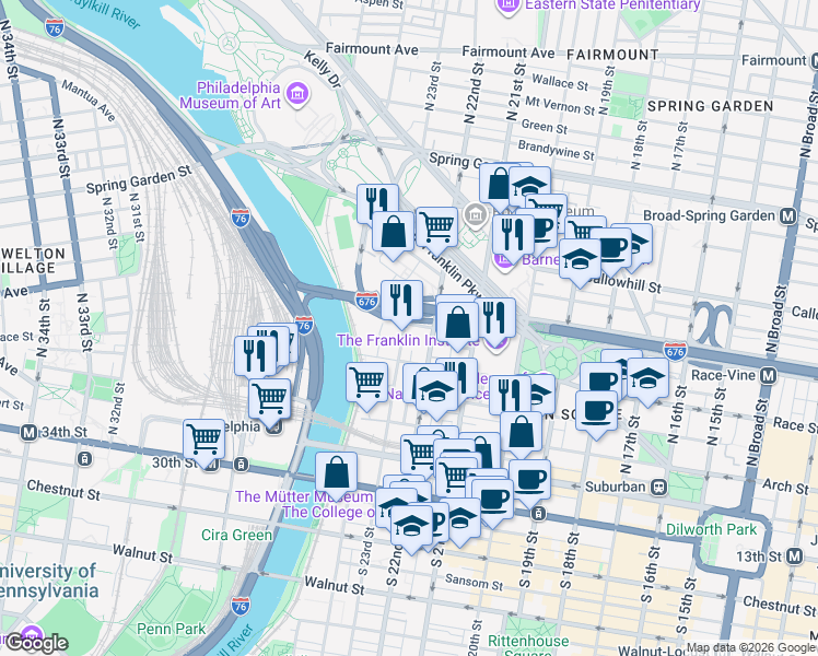 map of restaurants, bars, coffee shops, grocery stores, and more near 224 North 23rd Street in Philadelphia