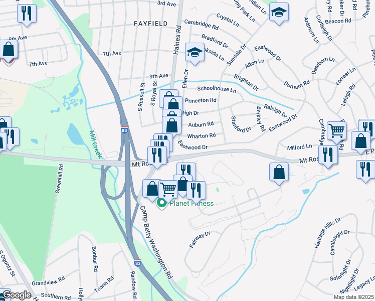 map of restaurants, bars, coffee shops, grocery stores, and more near 2426 Eastwood Drive in East York