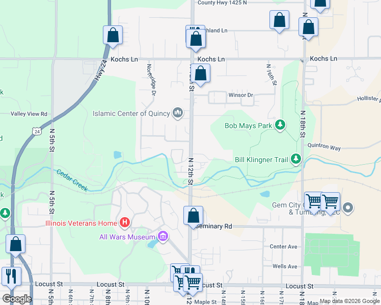 map of restaurants, bars, coffee shops, grocery stores, and more near in Quincy