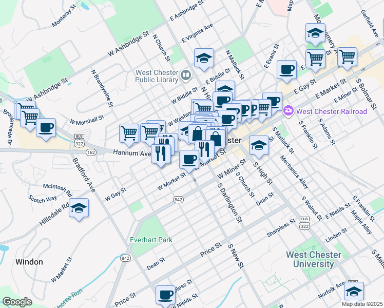 map of restaurants, bars, coffee shops, grocery stores, and more near 220 West Gay Street in West Chester