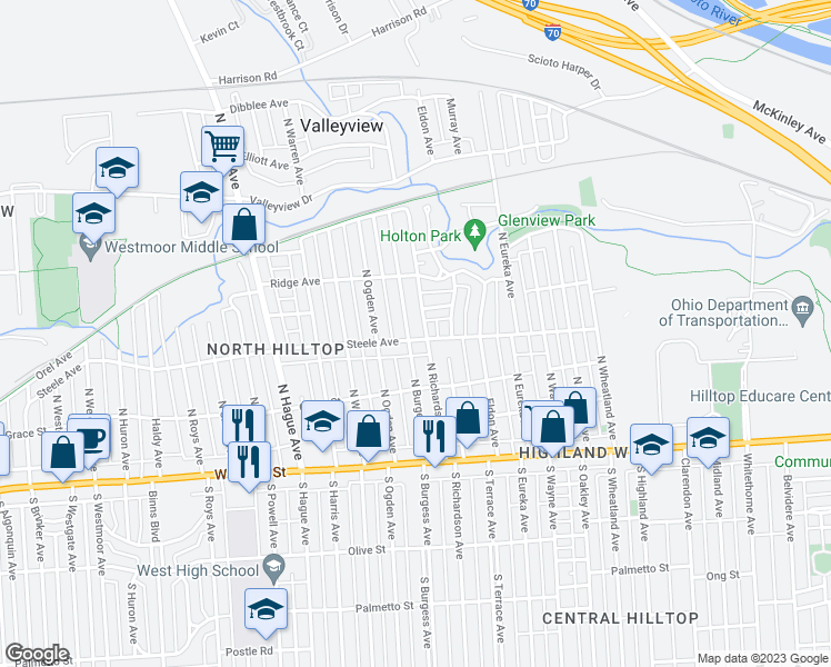 map of restaurants, bars, coffee shops, grocery stores, and more near 178 North Burgess Avenue in Columbus