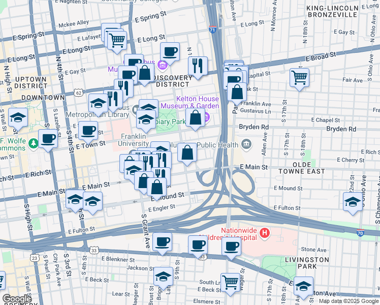 map of restaurants, bars, coffee shops, grocery stores, and more near 550 East Rich Street in Columbus