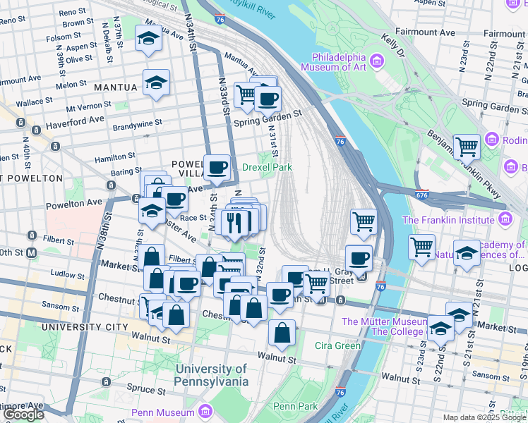 map of restaurants, bars, coffee shops, grocery stores, and more near 3201 Race Street in Philadelphia