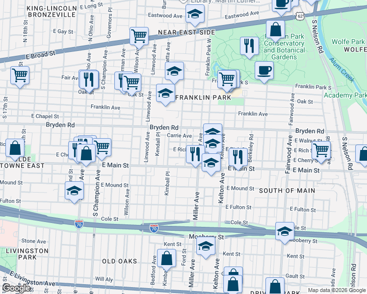map of restaurants, bars, coffee shops, grocery stores, and more near 387 Loeffler Avenue in Columbus