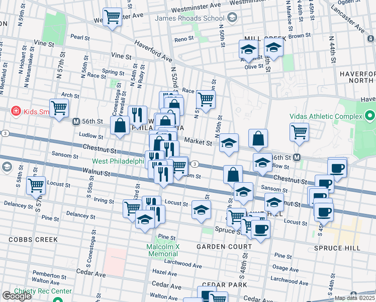 map of restaurants, bars, coffee shops, grocery stores, and more near 20 South 51st Street in Philadelphia