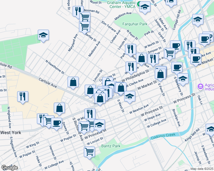 map of restaurants, bars, coffee shops, grocery stores, and more near 621 West Philadelphia Street in York