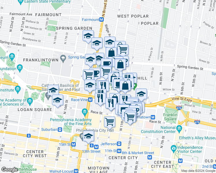 map of restaurants, bars, coffee shops, grocery stores, and more near in Philadelphia