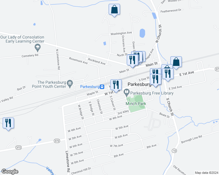map of restaurants, bars, coffee shops, grocery stores, and more near 13 South Culvert Street in Parkesburg