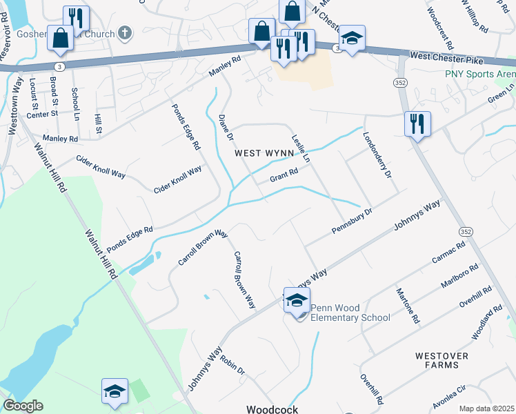map of restaurants, bars, coffee shops, grocery stores, and more near 502 Diane Drive in West Chester