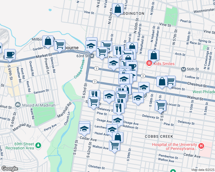 map of restaurants, bars, coffee shops, grocery stores, and more near 6124 Walnut Street in Philadelphia