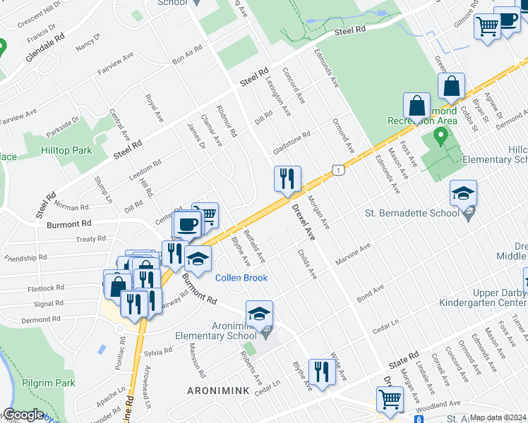 map of restaurants, bars, coffee shops, grocery stores, and more near 4417 Township Line Road in Havertown