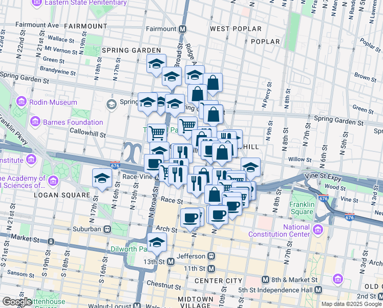 map of restaurants, bars, coffee shops, grocery stores, and more near 1238 Callowhill Street in Philadelphia