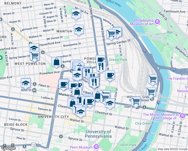 map of restaurants, bars, coffee shops, grocery stores, and more near 3413 Race Street in Philadelphia