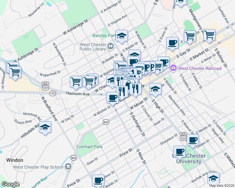 map of restaurants, bars, coffee shops, grocery stores, and more near 206 West Gay Street in West Chester