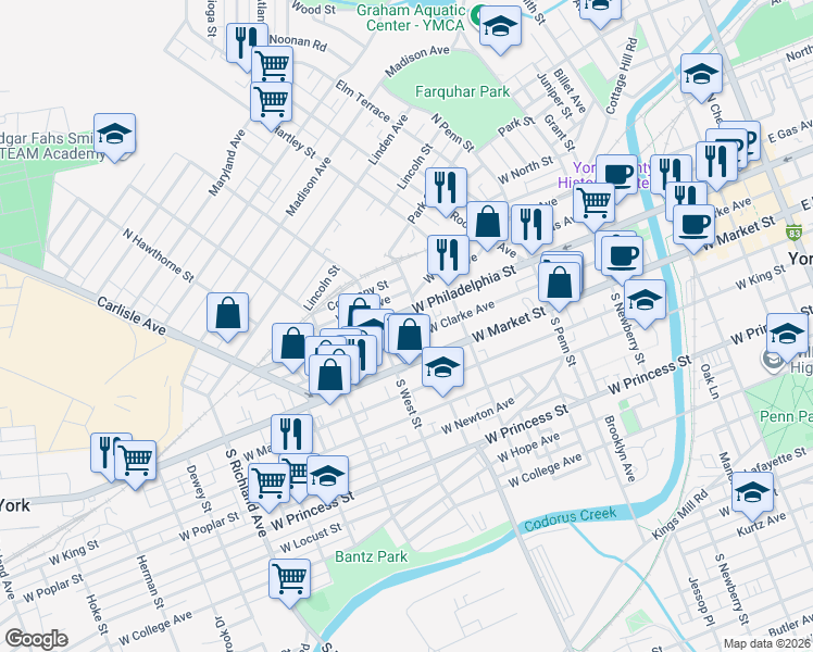 map of restaurants, bars, coffee shops, grocery stores, and more near 581 West Clarke Avenue in York