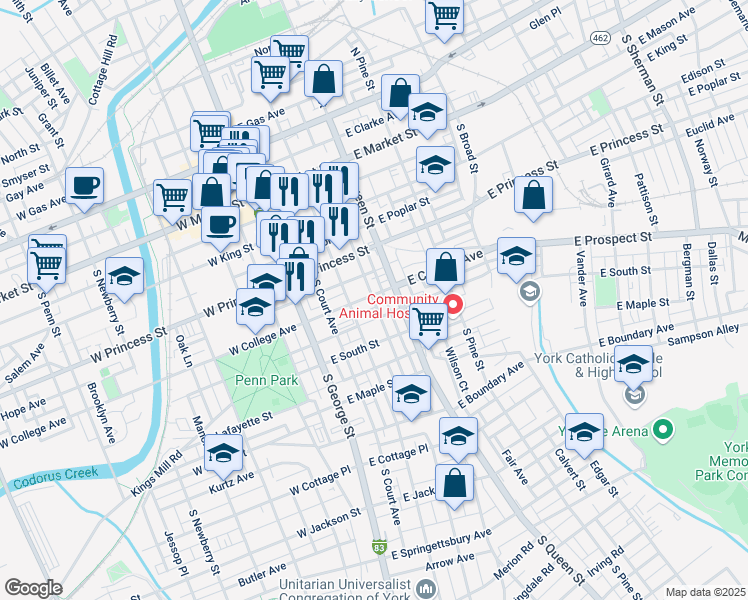 map of restaurants, bars, coffee shops, grocery stores, and more near 130 East College Avenue in York