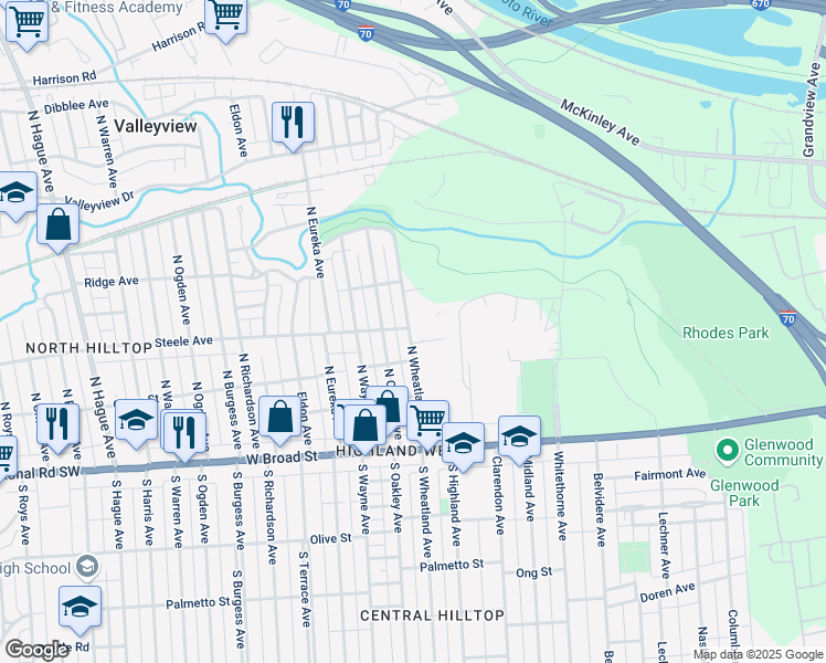 map of restaurants, bars, coffee shops, grocery stores, and more near 158 North Wheatland Avenue in Columbus