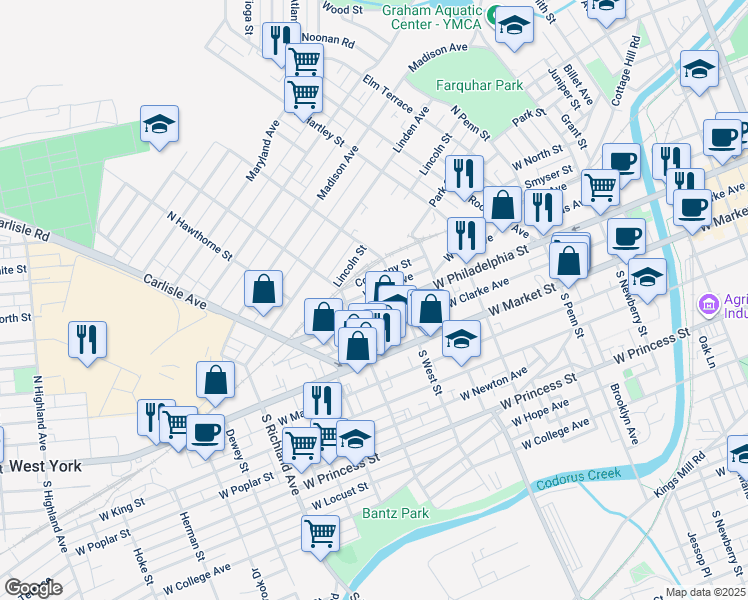 map of restaurants, bars, coffee shops, grocery stores, and more near 631 West Philadelphia Street in York